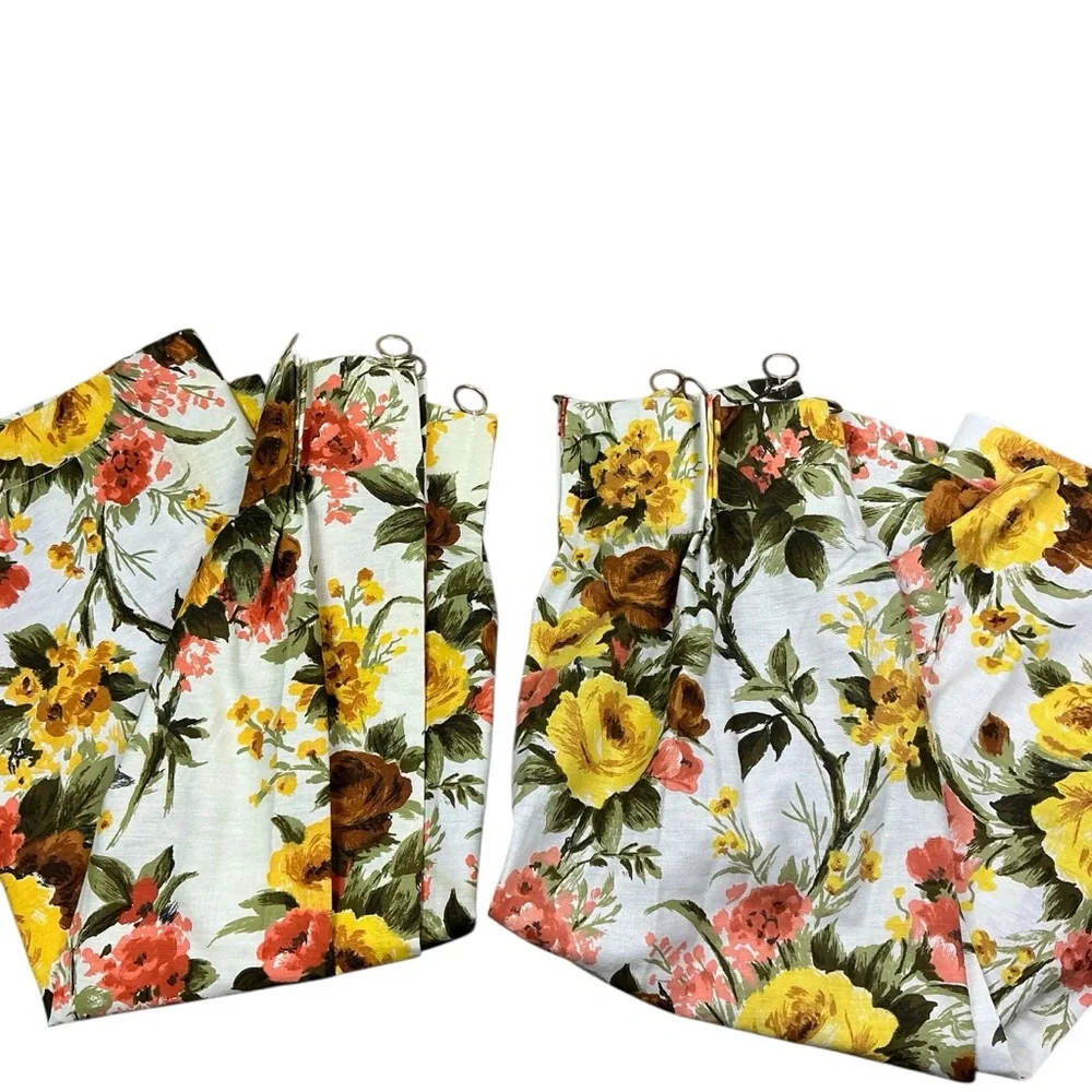 Vintage 1960s golden floral pinch pleat curtain panel set of two 23x34 USA made
